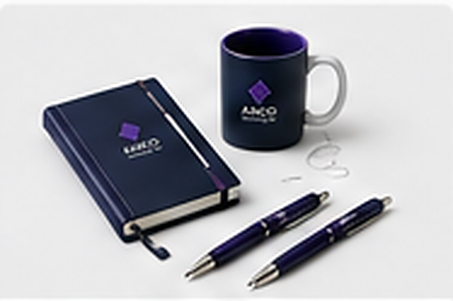 Branded notebook, mug and pens