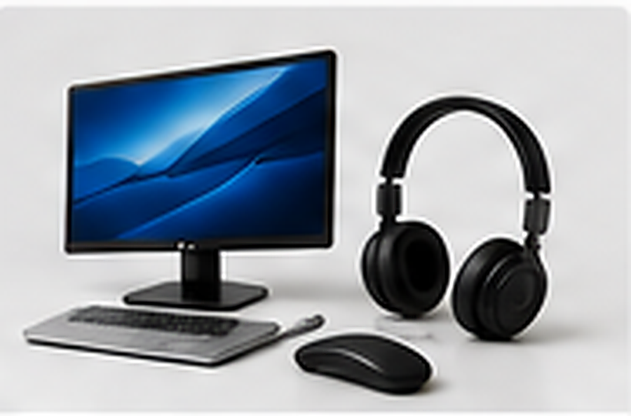 Computer monitor, keyboard, mouse and headphones