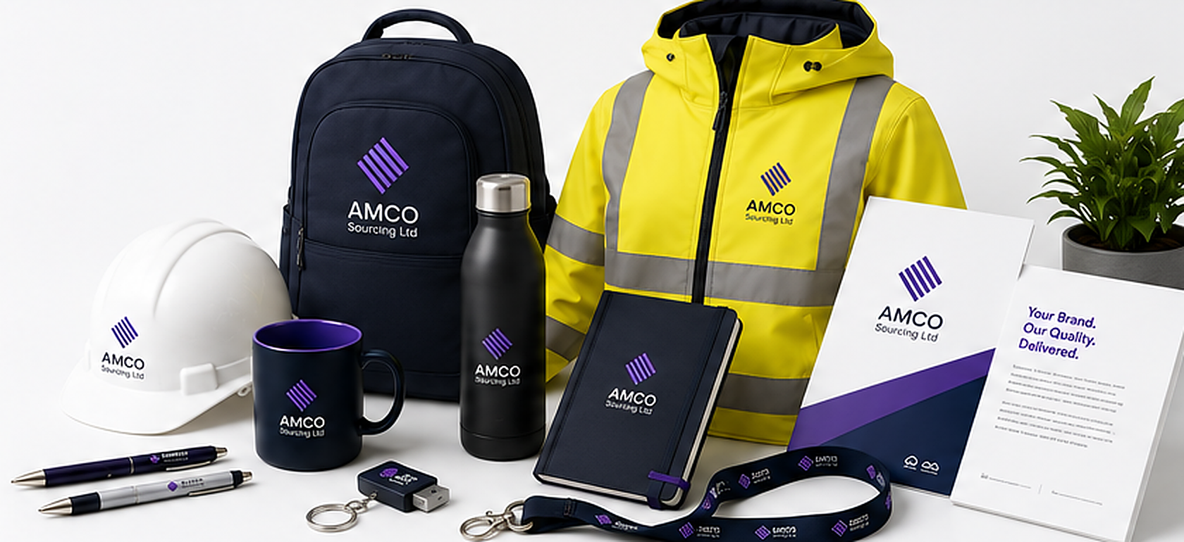 AMCO branded backpack, high-vis jacket, hard hat, mug, bottle, notebook, lanyard and print materials